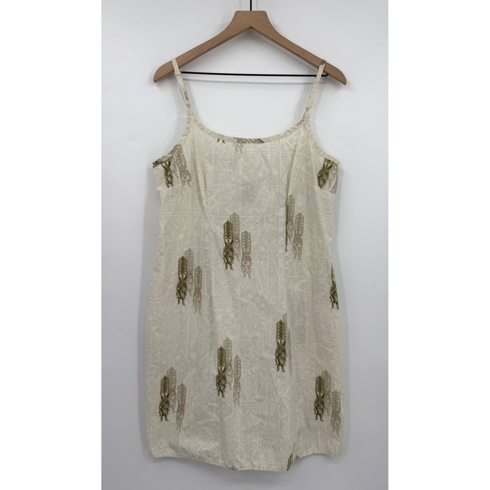 Hilo Hattie Dress Womens 14 Beige Tiki Tribal Print Cotton Sleeveless Hawaiian